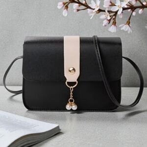 Small Black Shoulder Bag Tote Mini Square Handbag Satchel Crossbody Pearl Snap